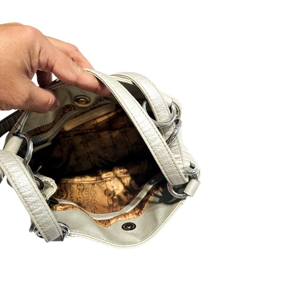 Tignanello Metallic Gold Silver Pebbled Leather shoulder Bag Brown Chain Fabric - Picture 8 of 14